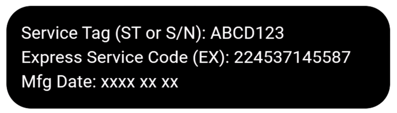 Dell Service Tag label showing where to find the Service Tag and Express Service Code for Dell warranty checks and technical support.