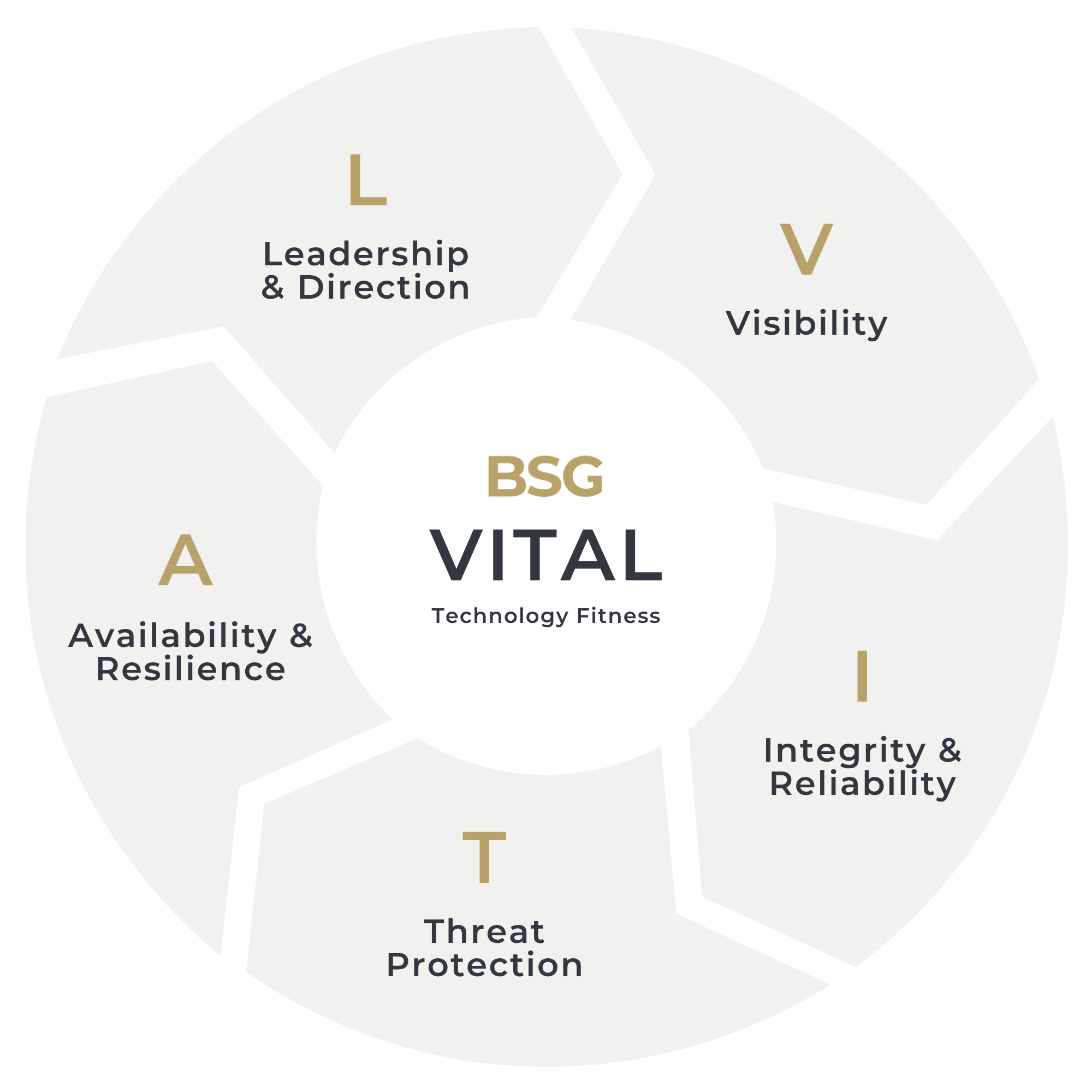 The BSG VITAL Technology Framework showing five interconnected areas: Visibility, Integrity and Reliability, Threat Protection, Availability and Resilience, and Long-term Direction.